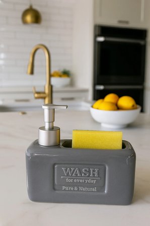 Şık ve Fonksiyonel Seramik Süngerlikli Sıvı Sabunluk/Deterjanlık, Gri, 500 ml