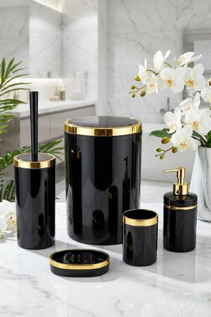 5 Parça Akrilik Banyo Seti, Şık ve Kaliteli Akrilik, Altın Renk Detaylı, Siyah