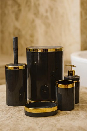 5 Parça Akrilik Banyo Seti, Şık ve Kaliteli Akrilik, Altın Renk Detaylı, Gri Mermer Desen