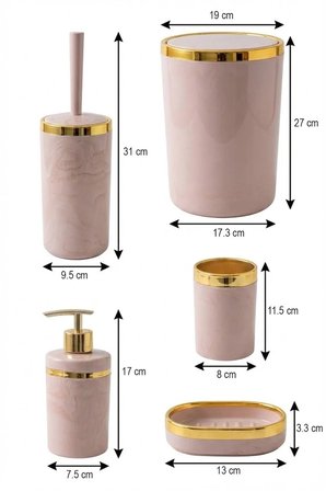 5 Parça Akrilik Banyo Seti, Şık ve Kaliteli Akrilik, Altın Renk Detaylı, Somon Mermer Desen