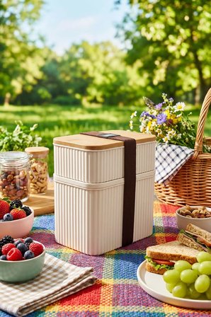 2 Parça Bambu Kapaklı Saklama Kabı Seti - 1L + 0,5L | Üst Üste Koyulabilir