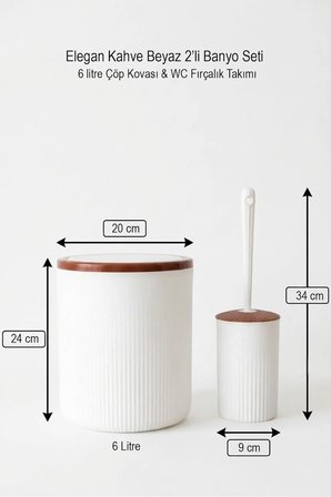 Elegan Kahve Beyaz 2’li Banyo Seti – 6 litre Çöp Kovası & WC Fırçalık Takımı