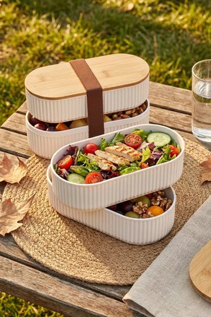 2'li Bambu Kapaklı Saklama ve Beslenme Kutusu – 2 Katlı, 20 x 9 x 5,5 cm