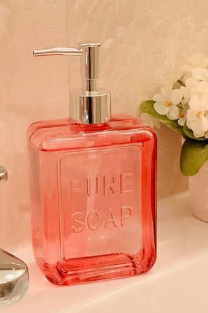 Renkli Cam Sıvı Sabunluk, 500 ml, Pembe