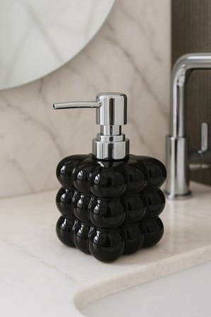 Seramik Üzüm Sabunluk 350 ml – 9x9x15(Y) cm, Siyah Beyaz