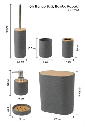 6'lı Banyo Seti, Bambu Kapaklı, Gri, Oval, 8 litre