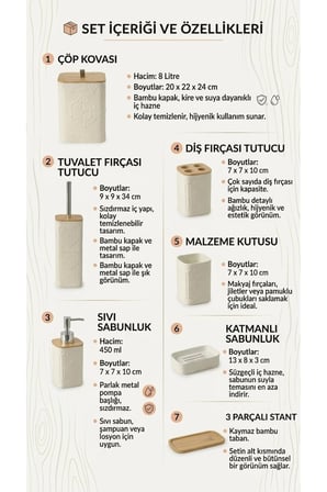 7 Parça Desenli Kare Bambu Kapaklı Beyaz Banyo Seti, Hacim: 8 litre