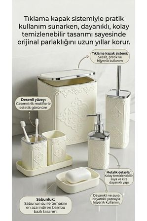 7 Parça Desenli Kare Click Kapaklı Beyaz Silver Banyo Seti, Hacim: 8 litre