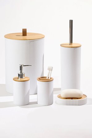 5 Parça Yuvarlak Banyo Seti, Bambu Kapaklı, Beyaz, Hacim: 7 litre