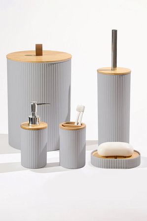 5 Parça Yuvarlak Banyo Seti, Bambu Kapaklı, Gri, Hacim: 7 litre