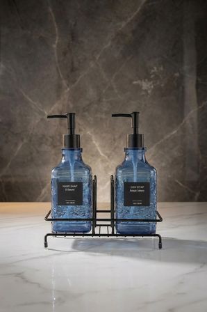 Modern Kabartma Desenli Cam Ikili Sıvı Sabunluk & Deterjanlık Seti, Mavi - 500 Ml Cam Sabunluk