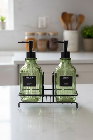Modern Çizgili Desenli Cam Ikili Sıvı Sabunluk & Deterjanlık Seti, Yeşil- 500 Ml Cam Sabunluk