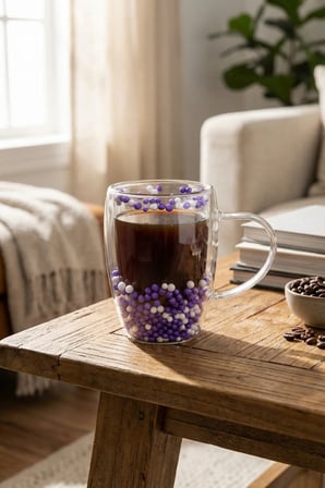 Çift Cidarlı Mor Beyaz Cam Kupa 350 ML – Isıya Dayanıklı