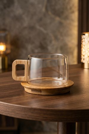 Bambu Kulplu ve Altlıklı Cam Kupa 200 ml – Borosilikat Cam