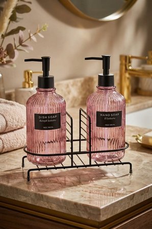 Modern Çizgili Yuvarlak Cam Ikili Sıvı Sabunluk & Deterjanlık Seti, Pembe- 500 Ml Cam Sabunluk