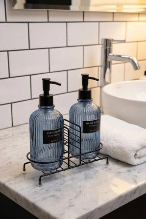 Modern Çizgili Yuvarlak Cam Ikili Sıvı Sabunluk & Deterjanlık Seti, Mavi - 500 Ml Cam Sabunluk