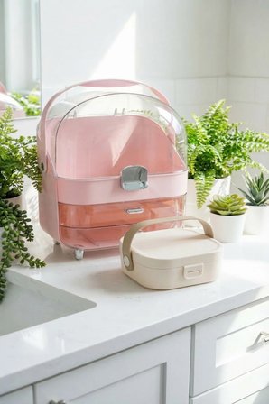 Çok Bölmeli Şeffaf Çekmeceli Makyaj & Kozmetik Organizeri Pembe ve İkili Çekmeceli Organizer