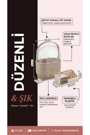 Kapaklı Şeffaf Çok Bölmeli Makyaj & Kozmetik Organizeri Bej ve İkili Çekmeceli Organizer