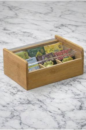 Bambu Çay Kutusu Şeffaf Kapaklı Poşet Çay Saklama Organizatörü Bölmeli Tea Box