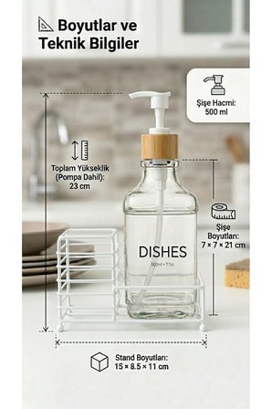 Metal Stantlı Bambu Kapaklı Cam Sıvı Sabunluk/Deterjanlık, 500 ml, 15 × 8,5 × 23 cm