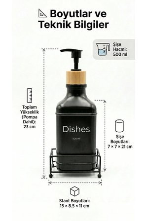 Metal Stantlı Bambu Kapaklı Cam Sıvı Sabunluk/Deterjanlık, 500 ml, 15 × 8,5 × 23 cm