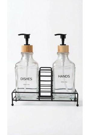 Stantlı Bambu Kapaklı İkili Cam Sıvı Sabunluk & Deterjanlık Seti – 2×500 ml, 22,5 × 8,5 × 24 cm