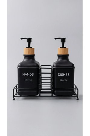 Stantlı Bambu Kapaklı İkili Cam Sıvı Sabunluk & Deterjanlık Seti – 2×500 ml, 22,5 × 8,5 × 24 cm