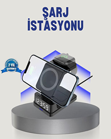 Kablosuz Şarj Cihazı ve Dijital Saat – 4’ü 1 Arada Hızlı Şarj Apple Uyumlu