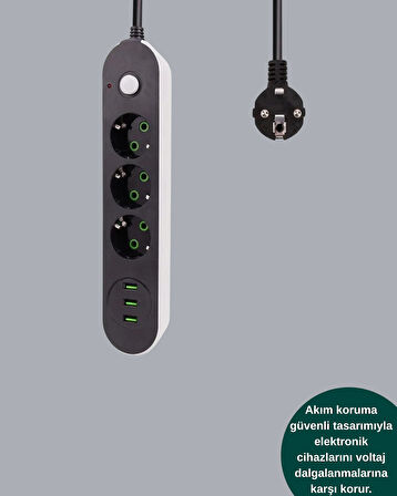 3 USB Çıkışlı Hızlı Şarjlı Anahtarlı Üçlü Priz