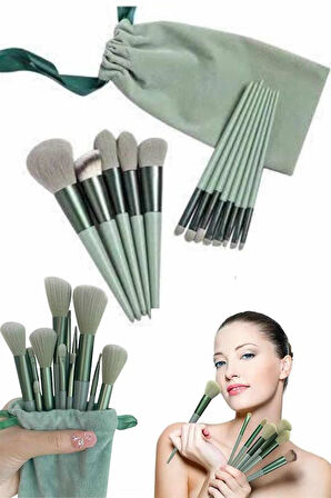 Makyaj Fırça Seti Yeşil 13 Parça Fondöten Fırçası Allık Fırçası Far Fır