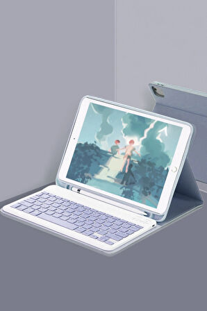 iPad 10.2 (9.nesil) Kılıf KC01 Smart Klavyeli Tablet Kılıfı - Lacivert-(5796)