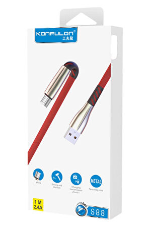 S88 Metal Uçlu Micro USB Kablo 1M 2.4A - Kırmızı-(5796)