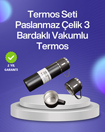 Isıyı Uzun Süre Koruyan 500 ml Termos Seti | Çelik Gövde 2 Bardaklı Hediye Kut