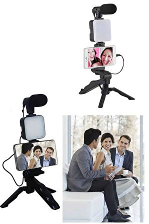 Telefon Tutucu Led Işıklı Kumandalı Mikrofon Telefon Vlog Video Kayıt