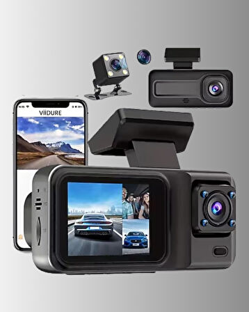 360° Kapsama Sahip Full HD Araç Kamerası 3’lü Kayıt Gece Görüşlü DashCam