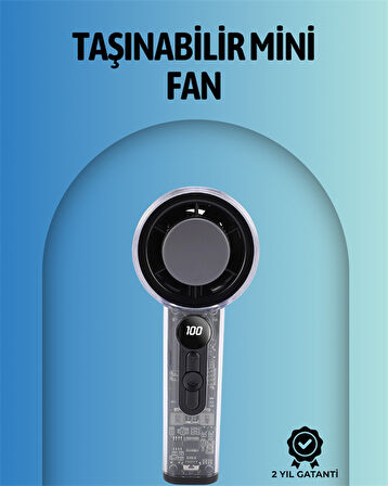 Şeffaf Kasa El Fanı | 5V 2A | 100 Kademeli Hava Akışı | Type-C Girişli