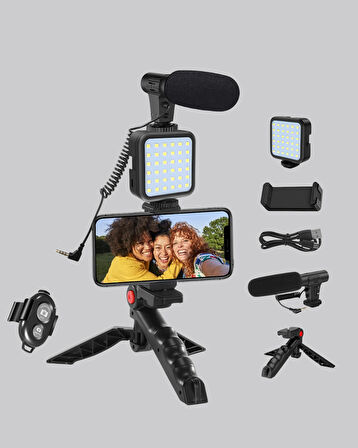 Profesyonel Vlog Çekim Kiti LED Işıklı Tripod Mikrofonlu Telefon Seti
