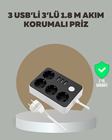 4 Prizli 3 USB Portlu Anahtarlı Akım Korumalı Priz