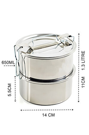 HSNET Sefer Tası Yemek Kabı Paslanmaz Çelik 2 Katlı 14 cm 1.3 LİTRE