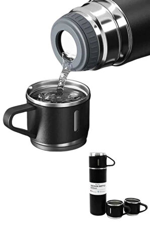 Termos Paslanmaz Çelik Termos Siyah Renk 3 Bardaklı Termos Seti