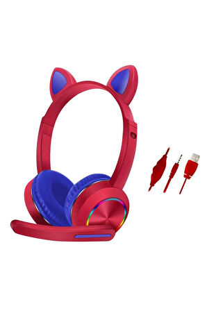 AKZ020 Kafa Üstü Işıklı Kedi Kulaklık - Kırmızı-(5796)