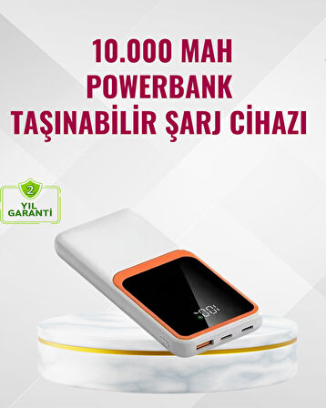 Powerbank 10000 mAh – Çift USB Çıkışlı Type-C Girişli Şık Beyaz Tasarım