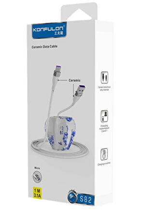 S82 Seramik Uçlu Micro USB Kablo 1M 3.1A - Beyaz-(5796)