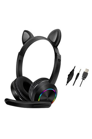 AKZ020 Kafa Üstü Işıklı Kedi Kulaklık - Siyah-(5796)