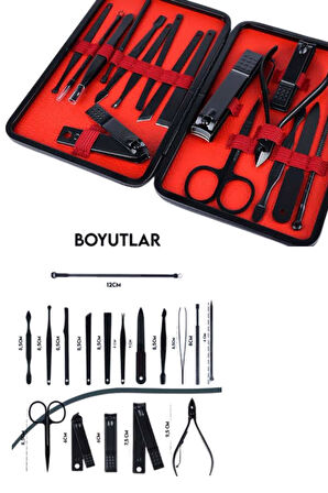 Deri Çantalı Siyah Paslanmaz Çelik 17 Parça Manikür Pedikür Seti