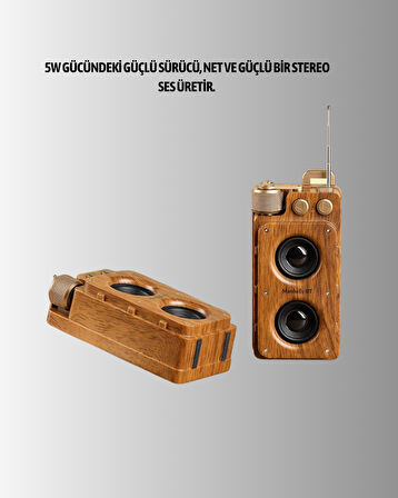 Retro Bluetooth Hoparlör Ahşap Görünümlü 5W Çift Stereo Ses