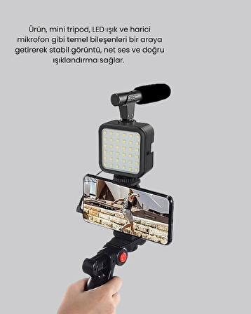 Telefon Video Çekim Kiti LED Aydınlatma Mikrofon Tripodlu Tam Set