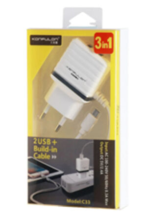 C33 Hızlı Şarj Cihazı 3in1 (Dahili Micro USB Kablolu)-(5796)