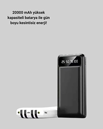 LED Işıklı 20.000mAh Powerbank LCD Gösterge Dahili Çoklu Kablo