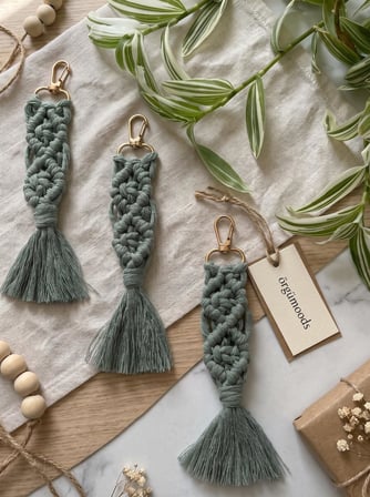 El Yapımı Çağla Yeşili Püsküllü Makrome Anahtarlık - Boho Çanta Süsü 10 adet